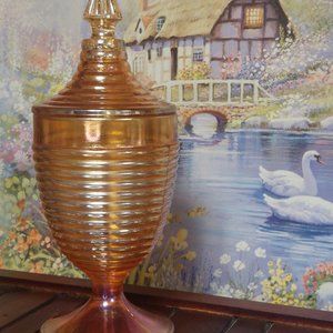 Vintage Amber Glass Apothecary Jar with Finial Lid